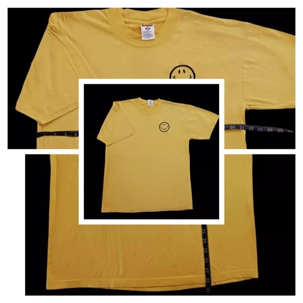 Y2k VINTAGE Embroidered Smiley Face Men's Large Yellow Cotton Tee